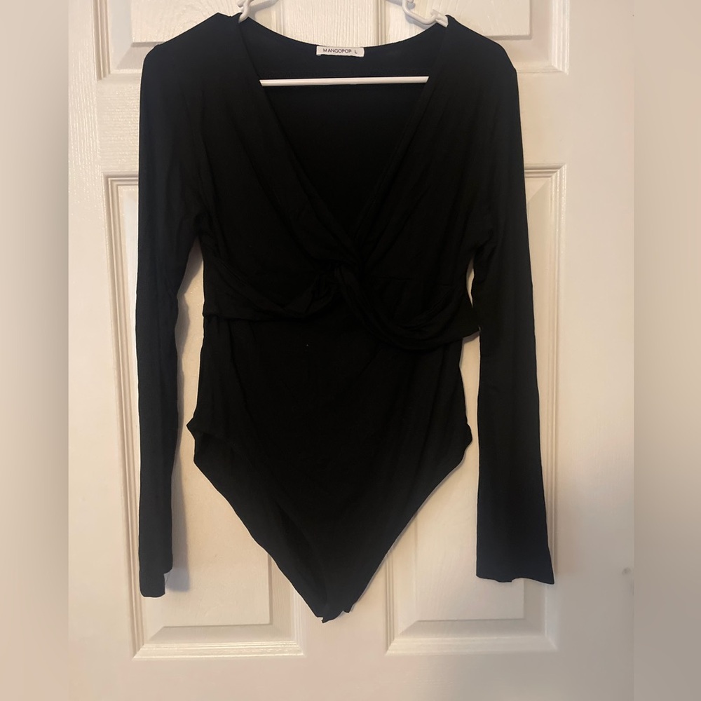 MangoPop Black Elegant Body Suit, Long Sleeves with design on chest